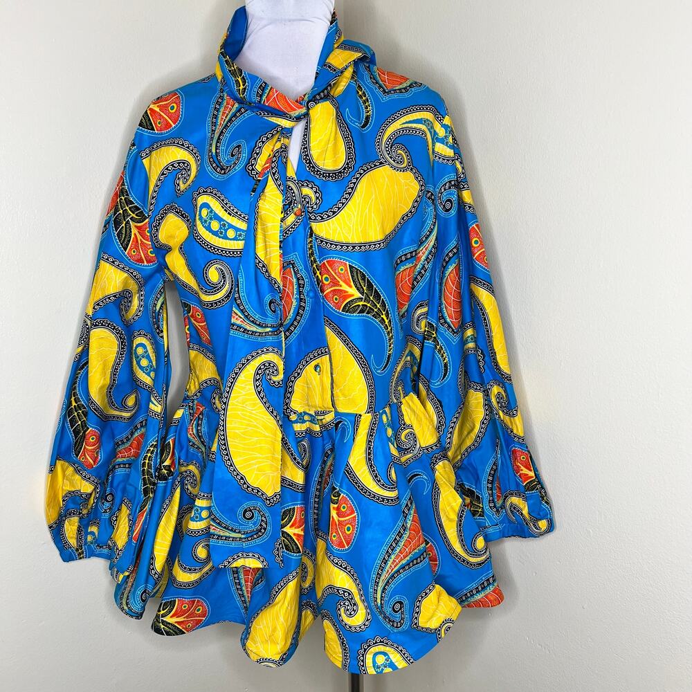 Moshita Peplum African Top 1X Blue Yellow Paisley Balloon Sleeve Tie Neck Blouse